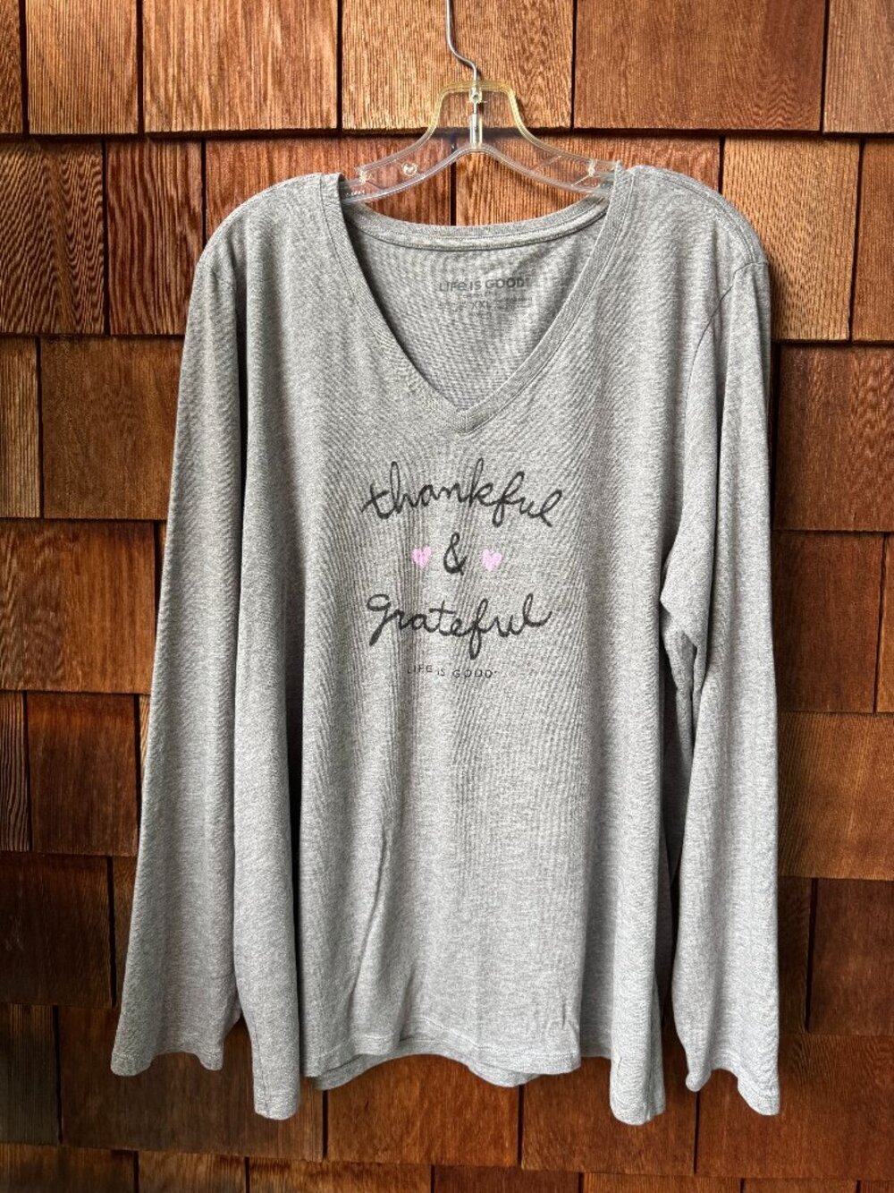 LIfe is Good Gray Thankful and Grateful V-Neck Long Sleeve Crusher Tee in XXL